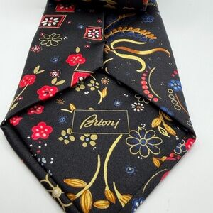Brioni Black Silk Tie with Red and Gold Floral Design
